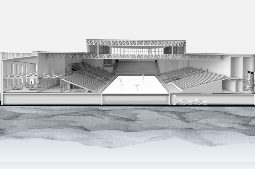 Cross section in an architect's drawing of a sports centre. An ice rink is pictured.