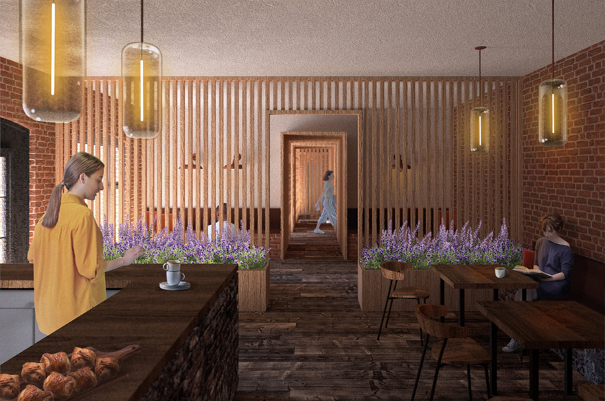Render of the interior of modern building with people making drinks and sitting with drinks